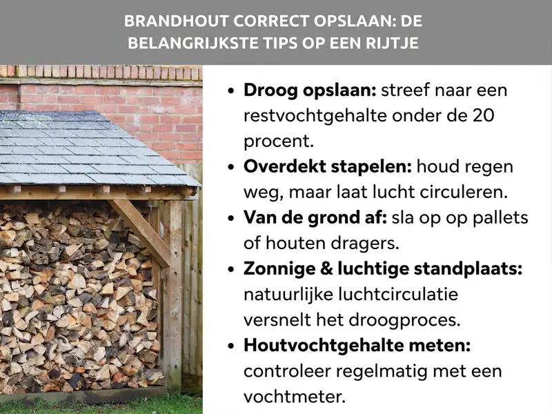 Infographic: Brandhout goed opslaan: de belangrijkste tips op een rij. De afbeelding toont een overdekte houtberging in de buitenlucht, gevuld met gestapeld brandhout. De lijst bevat vijf punten: 1. Droog opslaan: streef naar een restvocht van minder dan 20%. 2. Overdekt stapelen: regen buiten houden, maar lucht laten circuleren. 3. Van de grond af tillen: op pallets of houtdragers opslaan. 4. Zonnige en luchtige standplaats: natuurlijke luchtcirculatie versnelt het drogen. 5. Houtvocht meten: regelmatig controleren met een vochtmeter.