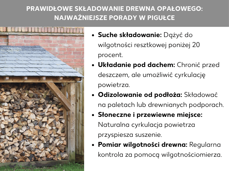 Infografika: Przechowywanie drewna kominkowego – najważniejsze wskazówki w skrócie. Grafika przedstawia zadaszony stojak na drewno na zewnątrz, wypełniony ułożonymi polanami. Lista obejmuje pięć punktów: 1. Przechowuj w suchym miejscu: dąż do wilgotności resztkowej poniżej 20%. 2. Układaj pod zadaszeniem: chroń przed deszczem, ale pozwól powietrzu cyrkulować. 3. Unoś nad ziemię: przechowuj na paletach lub wspornikach drewnianych. 4. Słoneczne i przewiewne miejsce: naturalna cyrkulacja powietrza przyspiesza suszenie. 5. Mierz wilgotność drewna: regularnie kontroluj za pomocą miernika wilgotności.