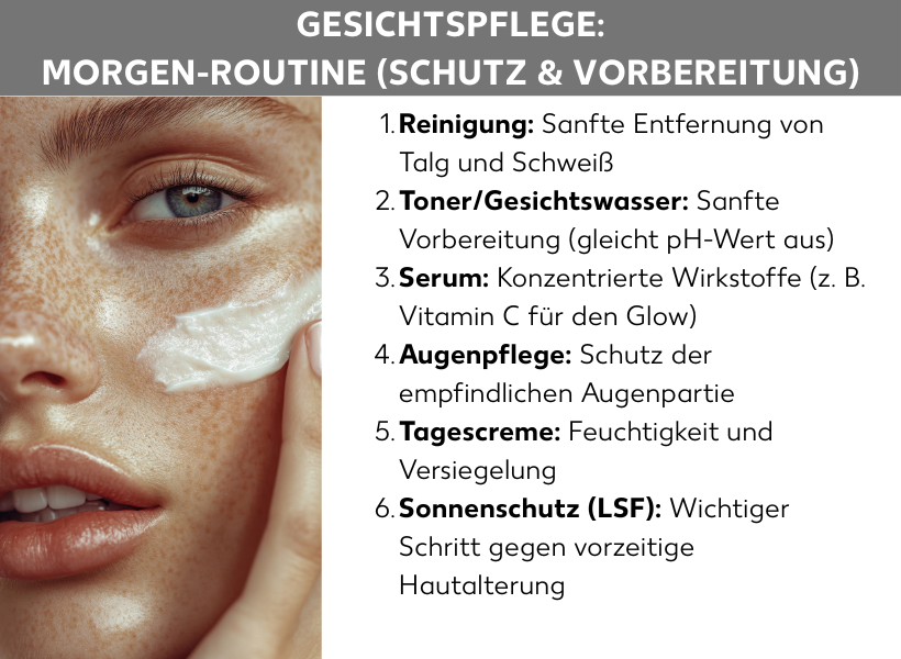 Infografik: Gesichtspflege: Morgen-Routine (Schutz & Vorbereitung), Neben einem Foto eines Gesichts, auf das Creme aufgetragen wird, stehen folgende Listenpunkte: 1. Reinigung: Sanfte Entfernung von Talg und Schweiß, 2. Toner/Gesichtswasser: Sanfte Vorbereitung (gleicht pH-Wert aus), 3. Serum: Konzentrierte Wirkstoffe (z. B. Vitamin C für den Glow). 4. Augenpflege: Schutz der empfindlichen Augenpartie, 5. Tagescreme: Feuchtigkeit und Versiegelung, 6.Sonnenschutz (LSF): Wichtiger Schritt gegen vorzeitige Hautalterung