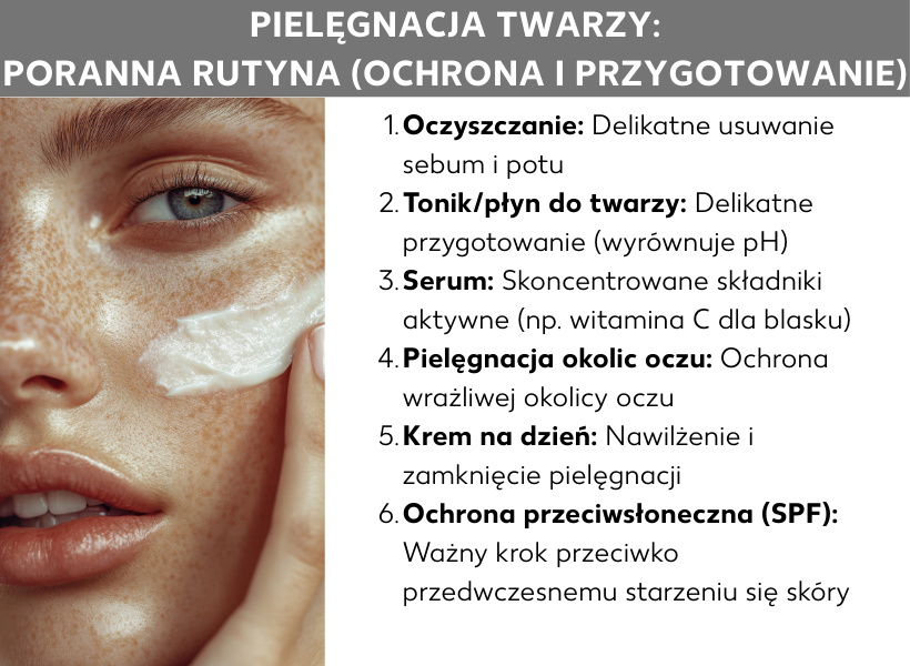 Infografika: Pielęgnacja twarzy: Poranna rutyna (ochrona i przygotowanie), Obok zdjęcia twarzy, na którą nakładany jest krem, znajdują się następujące punkty: 1. Czyszczenie: Delikatne usunięcie sebum i potu 2. Tonik / woda micelarna: Delikatne przygotowanie skóry (wyrównuje pH) 3. Serum: Skoncentrowane składniki aktywne (np. witamina C dla promiennej cery) 4. Pielęgnacja okolic oczu: Ochrona delikatnej skóry wokół oczu 5. Krem na dzień: Nawilżenie i ochrona skóry 6. Ochrona przeciwsłoneczna (SPF): Ważny krok w zapobieganiu przedwczesnemu starzeniu się skóry