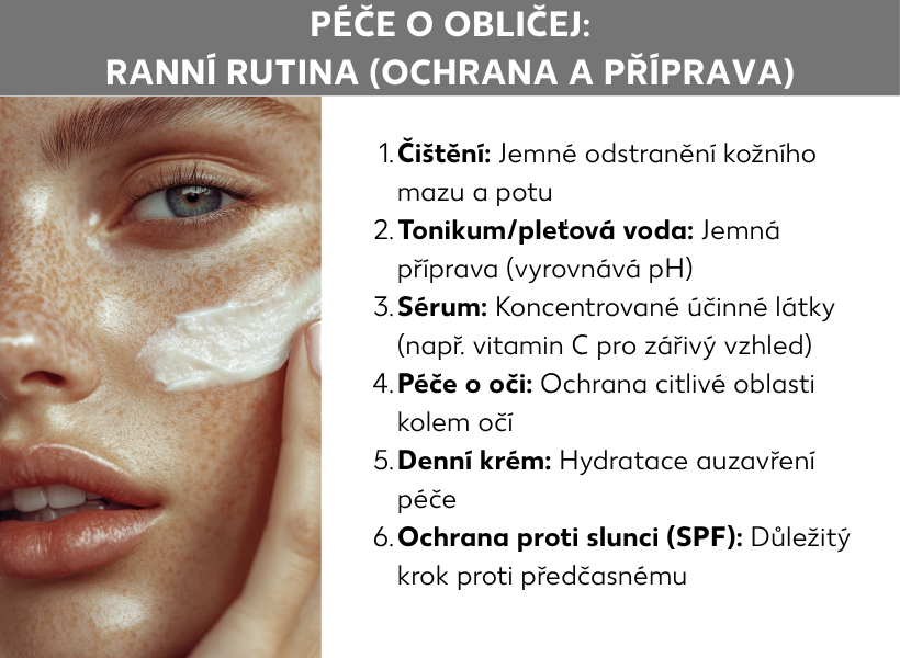 Informační grafika: Péče o pleť: Ranní rutina (ochrana a příprava). Vedle fotografie obličeje, na který se nanáší krém, jsou uvedeny následující body: 1. Čištění: jemné odstranění mazu a potu, 2. Tonikum / pleťová voda: jemná příprava (vyrovnává hodnotu pH), 3. Sérum: koncentrované účinné látky (například vitamin C pro zářivou pleť). 4. Péče o oči: ochrana citlivého očního okolí, 5. Denní krém: hydratace a ochranná vrstva, 6. Krém s ochranným faktorem (LSF): důležitý krok proti předčasnému stárnutí pleti