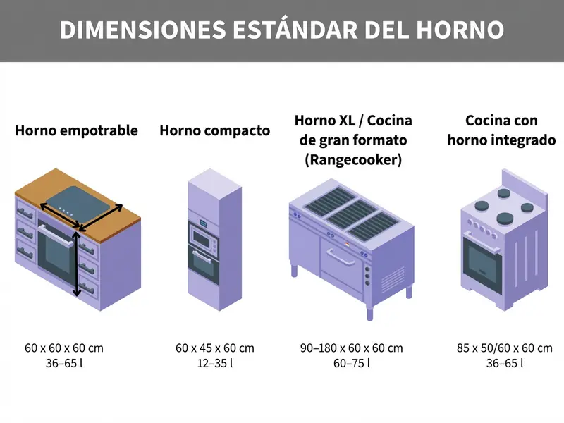 Gráfico sobre medidas de horno, medidas de horno empotrable y tipos de horno