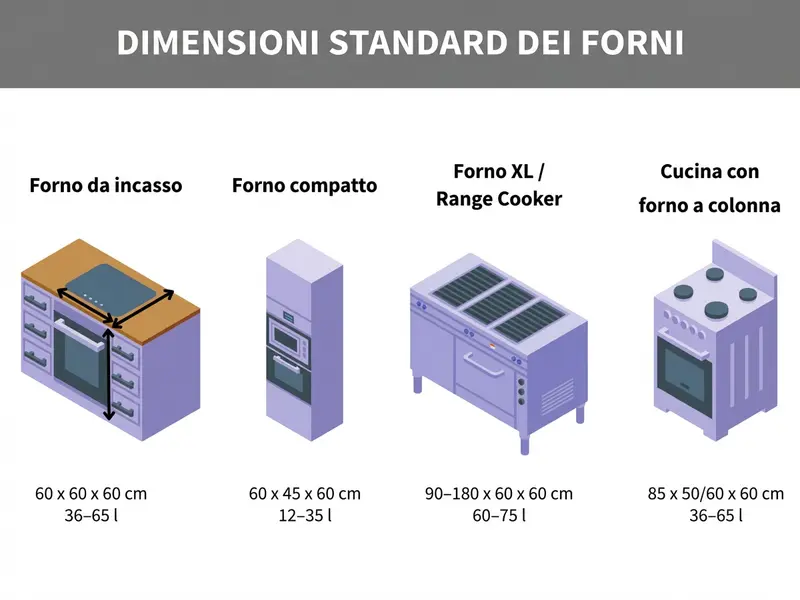 Infografica sulle dimensioni del forno da incasso e dei diversi modelli