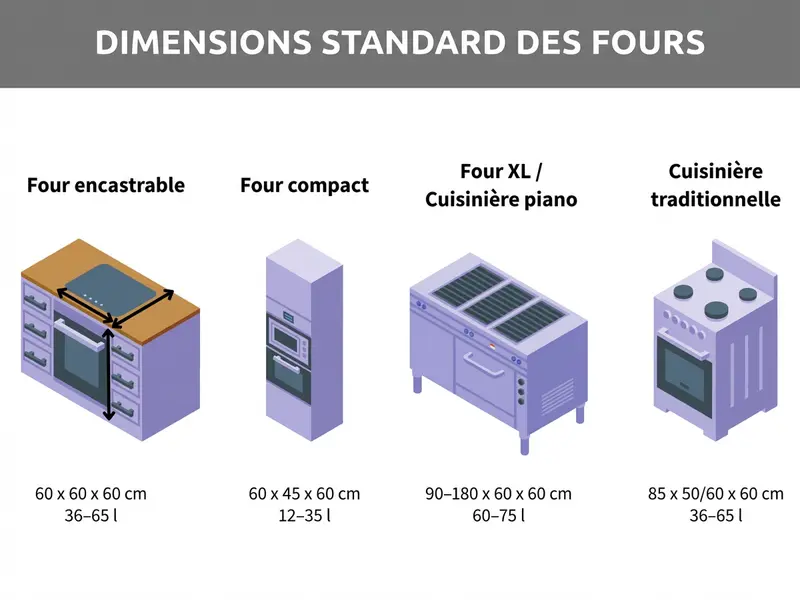 Infographie sur les dimensions du four, du four encastrable et des différents modèles