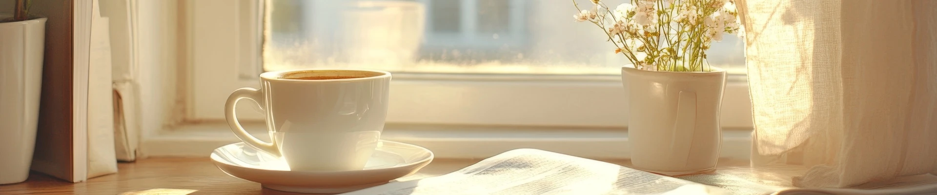 Schmuckbild: Eine Tasse Tee, Blumen, Bücher am Fenster.