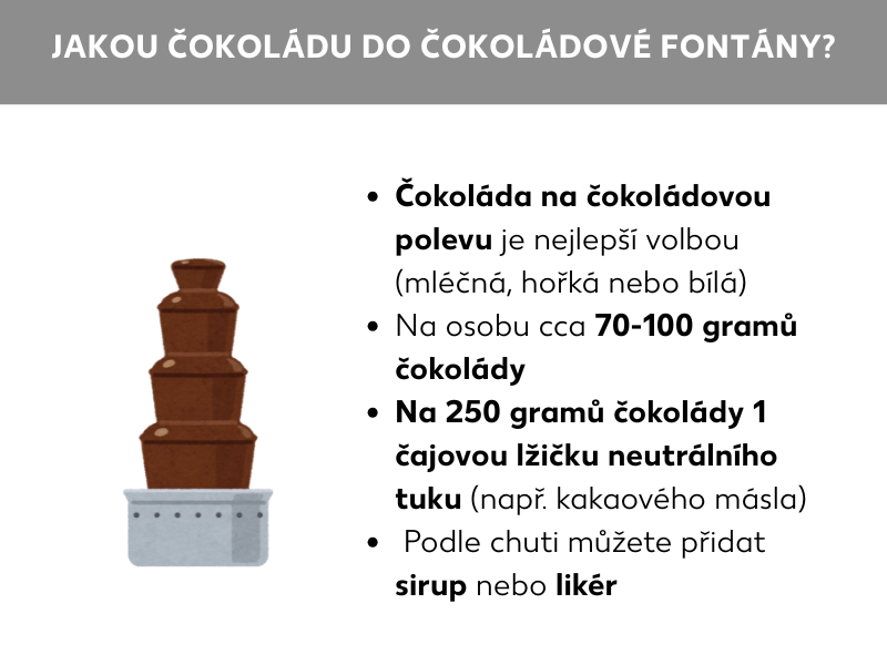 Schéma: schéma s informacemi o vhodné čokoládě do fontány: Nejlepší volbou je poleva. Na osobu budete potřebovat 70–100 gramů čokolády, na 250 gramů čokolády 1 lžičku neutrálního tuku, podle chuti můžete přidat sirup nebo likér