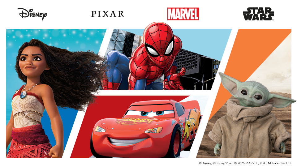Werbung: Logos von Disney, Pixar, Marvel & Star Wars mit den Figuren Vaiana, Lightning McQueen, Spider-Man und Grogu.