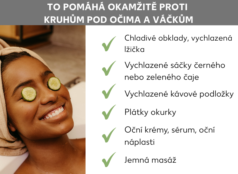Informační grafika: Akutní pomoc proti kruhům a váčkům pod očima. Žena s plátky okurky na očích, vedle ní jsou následující body: Chladivé obklady nebo vychlazené lžíce, studené sáčky od černého nebo zeleného čaje, vychlazené kávové sáčky, plátky okurky, oční krémy, sérum, polštářky na oči, jemná masáž.