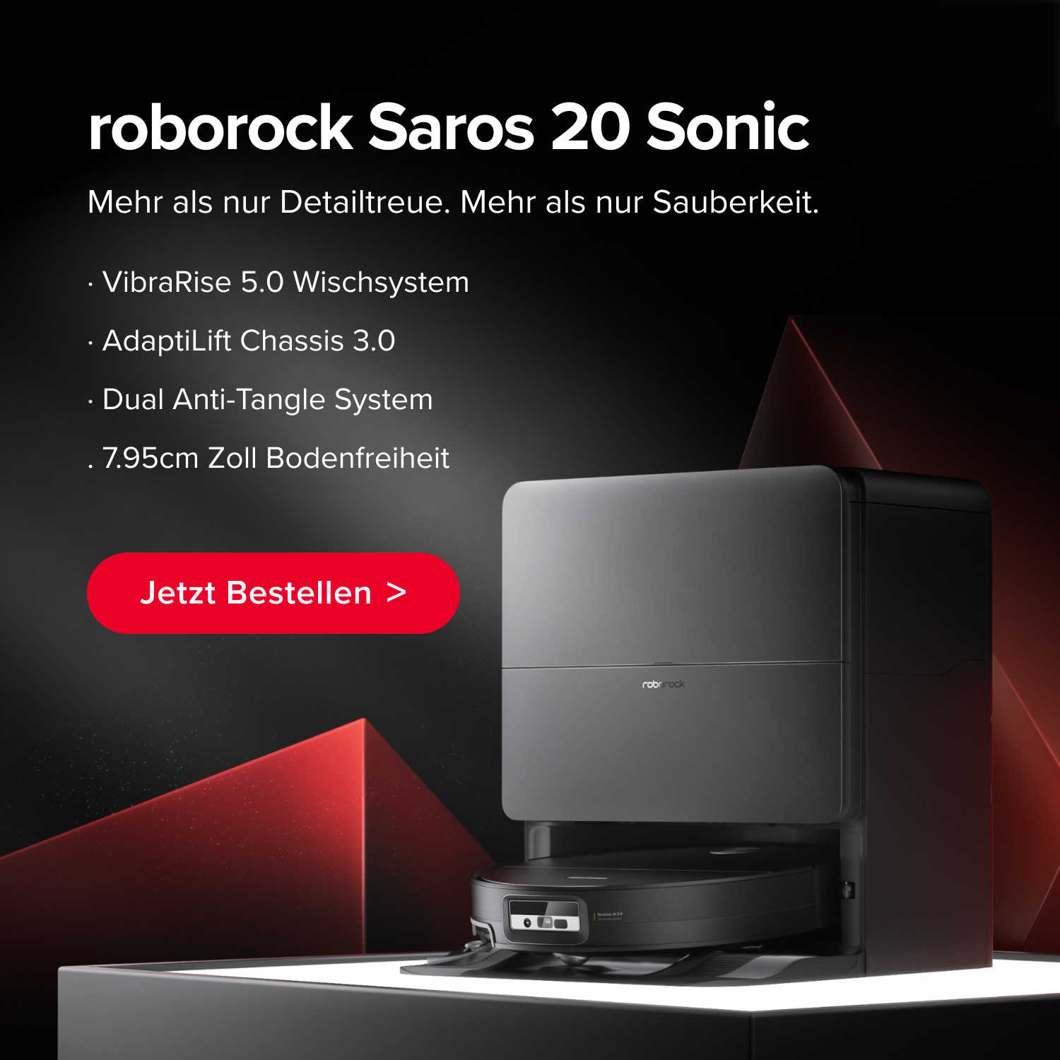Werbung: roborock Saros Z70. Features: Mechanischer OmniGrip Arm, KI-gestützte Anpassung, StarSight System 2.0, 22.000 Pa Saugkraft. iF Design Award 2025. Button: Jetzt Bestellen.