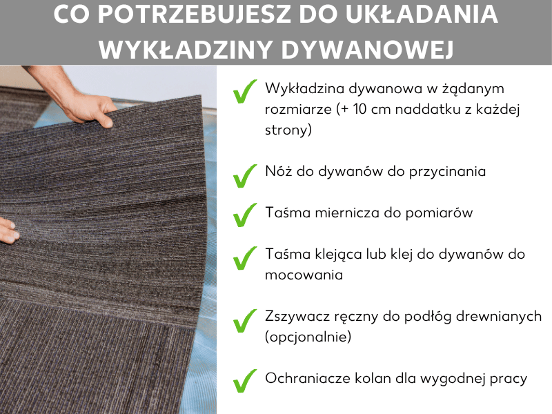 Infografika: Co jest potrzebne do układania wykładziny dywanowej. W tle widać dłonie unoszące wykładzinę. Po prawej stronie lista sześciu punktów: 1. Wykładzina metrażowa w odpowiednim rozmiarze (+10 cm zapasu na każdą stronę). 2. Nóż do wykładzin do przycinania. 3. Miarka do pomiarów. 4. Taśma klejąca lub klej do wykładzin do mocowania. 5. Zszywacz ręczny do podłóg drewnianych (opcjonalnie). 6. Nakolanniki dla wygodnej pracy.