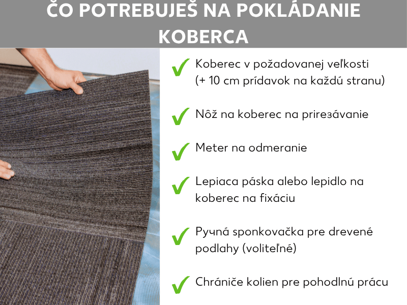 Infografika: Čo potrebujete na pokladanie koberca. V pozadí sú vidieť ruky, ktoré dvíhajú koberec. Vpravo je zoznam so šiestimi bodmi: 1. Kobercová metráž v požadovanej veľkosti (+ 10 cm navyše na každú stranu). 2. Rezací nôž na presné orezávanie. 3. Meter na odmeranie. 4. Lepiaca páska alebo kobercové lepidlo na fixáciu. 5. Ručná sponkovačka na drevené podlahy (voliteľné). 6. Chrániče kolien pre pohodlnú prácu.