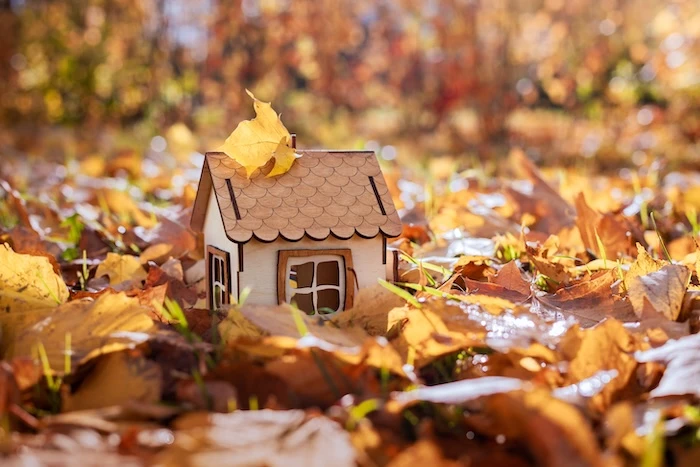 Schmuckbild: Kleines Spielzeug-Haus aus Holz, das in Herbstblättern steht.