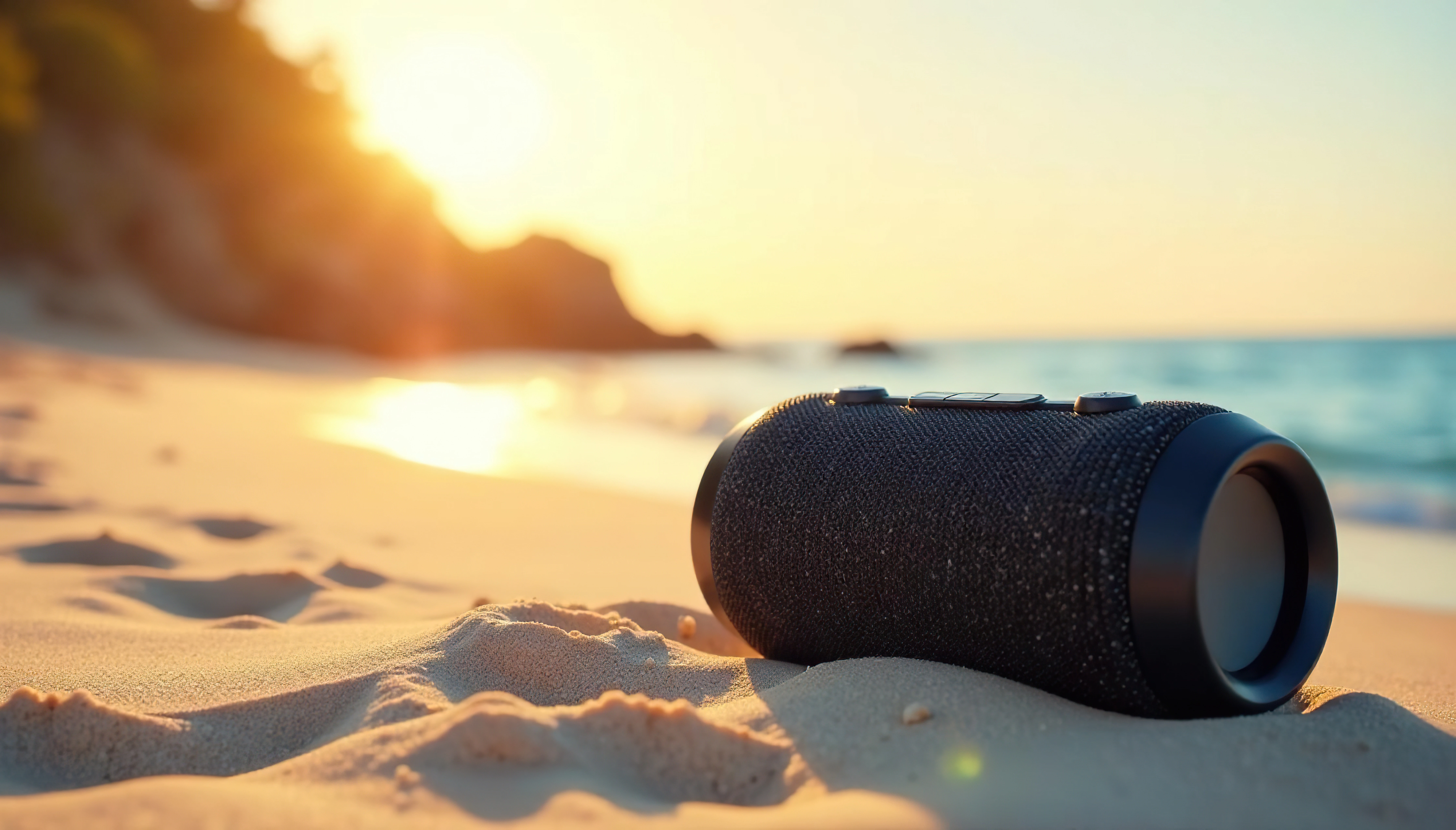Schmuckbild: Outdoor-Bluetooth-Lautsprecher steht im Sand mit Meer im Hintergrund