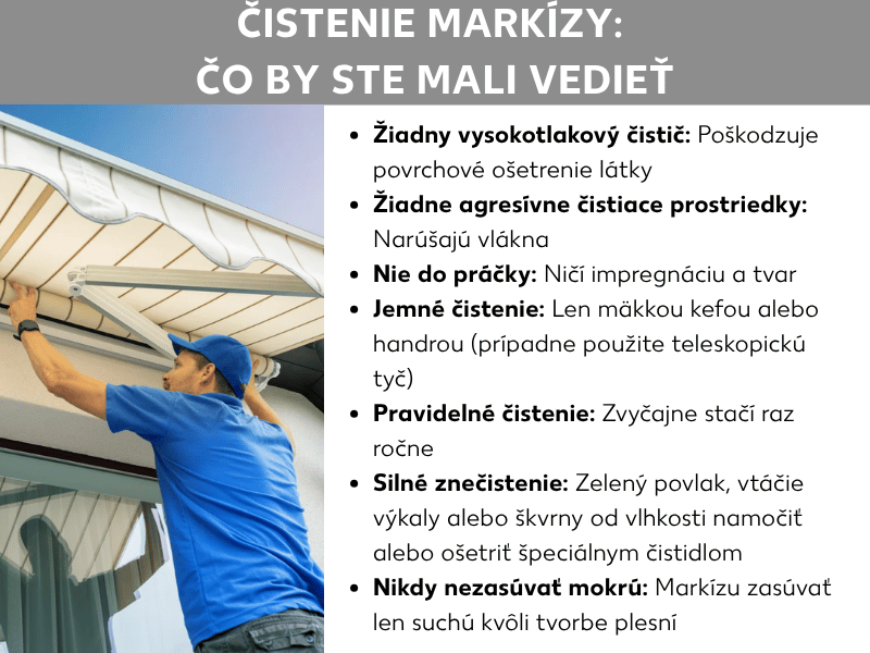 Infografika s názvom „Čistenie markízy: Čo by ste mali vedieť". Vľavo fotografia muža v modrom tričku a šiltovke, ktorý čistí vysunutú markízu. Vpravo sedem tipov na starostlivosť: nepoužívať vysokotlakový čistič, nepoužívať agresívne čistiace prostriedky, nedávať do práčky, čistiť len mäkkou kefou alebo handričkou, čistiť raz ročne, silné znečistenie ako zelený povlak alebo vtáčí trus namočiť alebo ošetriť špeciálnym čistiacim prostriedkom a markízu nikdy nezrolovať mokrú, aby sa predišlo tvorbe plesní.