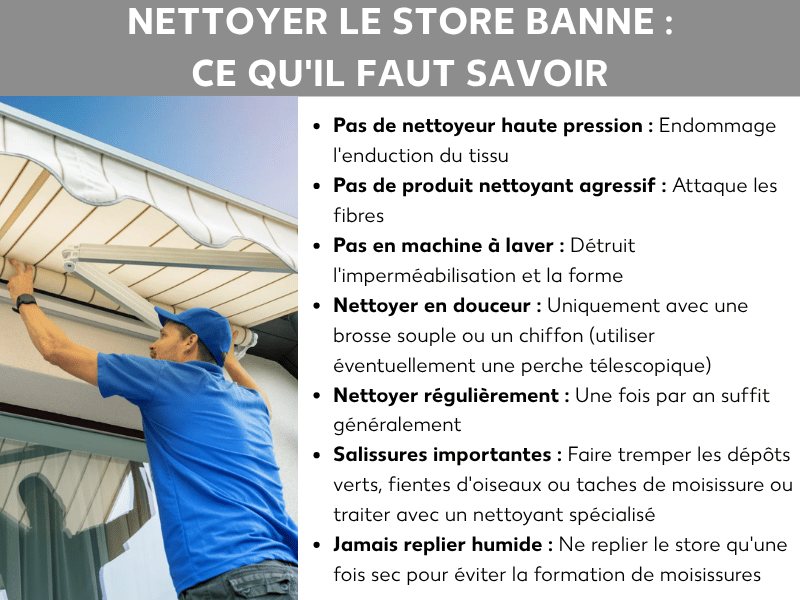 Infographie intitulée « Nettoyage store banne : ce qu'il faut savoir ». À gauche, la photo d'un homme en t-shirt bleu et casquette nettoyant un store banne déployé. À droite, sept conseils d'entretien : pas de nettoyeur haute pression, pas de produits agressifs, pas de machine à laver, utiliser uniquement une brosse souple ou un chiffon, nettoyer une fois par an, faire tremper les salissures tenaces comme la mousse verte ou les fientes d'oiseaux ou les traiter avec un nettoyant spécifique, et ne jamais replier le store banne mouillé pour éviter les moisissures.