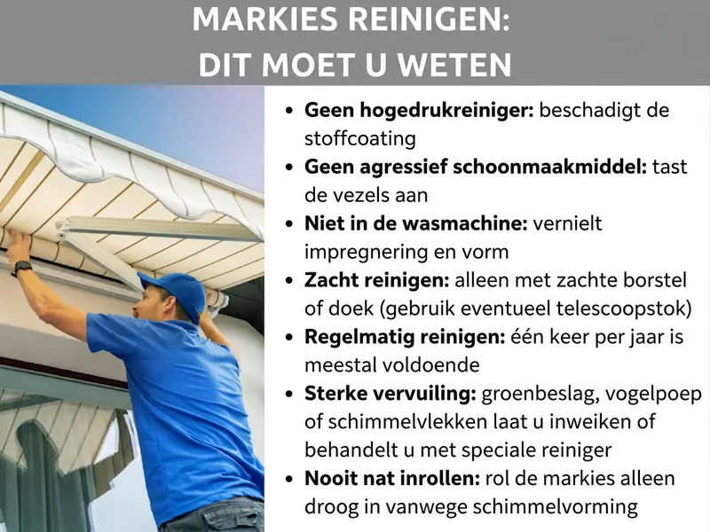 Infographic met de titel "Zonnescherm reinigen: dit moet je weten". Links een foto van een man in een blauw T-shirt en pet die een uitgerold zonnescherm schoonmaakt. Rechts zeven onderhoudstips: geen hogedrukreiniger, geen agressieve schoonmaakmiddelen, niet in de wasmachine, alleen reinigen met een zachte borstel of doek, eenmaal per jaar reinigen, hardnekkig vuil zoals groene aanslag of vogelpoep inweken of behandelen met een speciaal reinigingsmiddel, en het zonnescherm nooit nat oprollen om schimmelvorming te voorkomen.