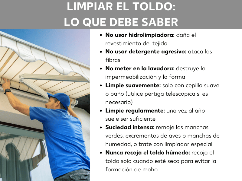 Infografía con el título «Limpiar toldos: lo que debes saber». A la izquierda, una foto de un hombre con camiseta azul y gorra limpiando un toldo extendido. A la derecha, siete consejos de cuidado: no usar limpiador de alta presión, no usar productos de limpieza agresivos, no meter en la lavadora, limpiar solo con un cepillo suave o un paño, limpiar una vez al año, remojar la suciedad intensa como verdín o excrementos de pájaro o tratarla con un limpiador especial, y nunca enrollar el toldo mojado para evitar la aparición de moho.
