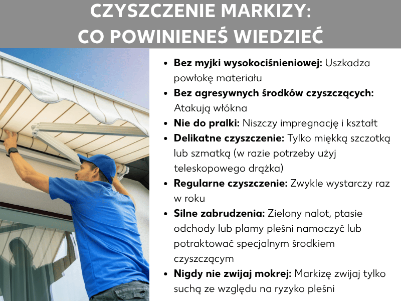 Infografika z poradami, jak czyścić markizę. Po lewej stronie mężczyzna myjący markizę, po prawej lista siedmiu kluczowych zasad pielęgnacji.