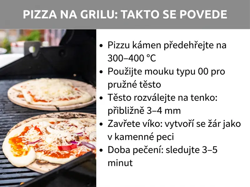 Infografika: Pizza na grilu – jak na ni: Pět bodů v kostce: 1. Pizzový kámen předehřejte na 300 až 400 °C. 2. Použijte mouku typu 00 pro pružné těsto. 3. Těsto vyválejte do tenka – přibližně 3 až 4 milimetry. 4. Zavřete poklop, abyste vytvořili žár jako v kamenné peci. 5. Hlídejte dobu pečení 3 až 5 minut.