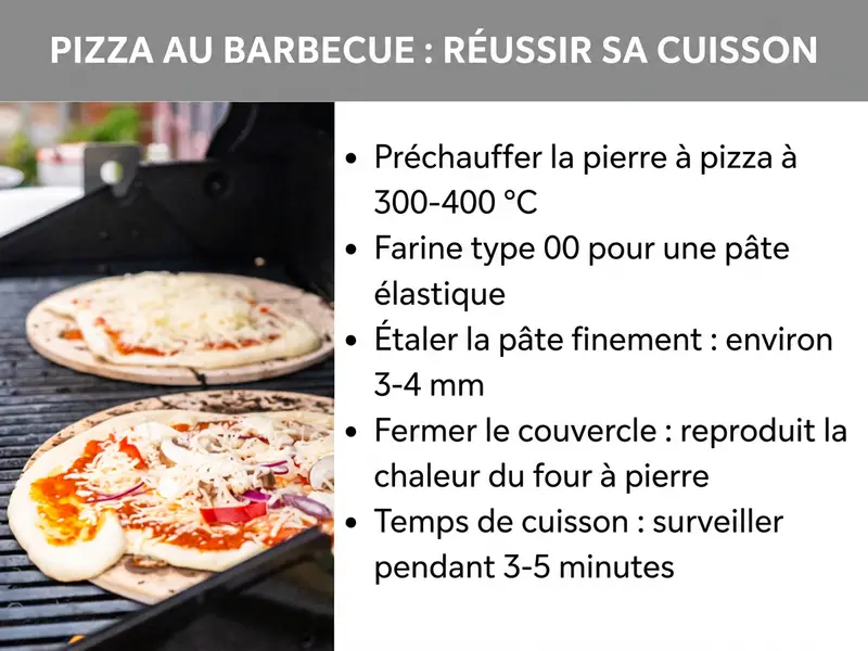 Infographie : Pizza au barbecue – Comment la réussir : cinq points essentiels en un coup d'œil : 1. Préchauffer la pierre à pizza entre 300 et 400 °C. 2. Utiliser de la farine de type 00 pour une pâte élastique. 3. Étaler la pâte finement – environ 3 à 4 mm. 4. Fermer le couvercle pour reproduire la chaleur d'un four à bois. 5. Surveiller le temps de cuisson : 3 à 5 minutes.