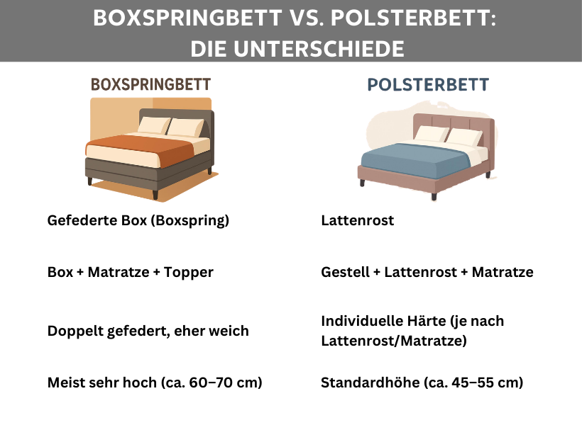 Infografik: Boxspringbett vs. Polsterbett: Die Unterschiede; Boxspringbett: Gefederte Box (Boxspring), Box + Matratze + Topper, Doppelt gefedert, eher weich, Meist sehr hoch (ca. 60-70 cm); Polsterbett: Lattenrost, Gestell + Lattenrost + Matratze, Individuelle Härte (je nach Lattenrost/Matratze), Standardhöhe (ca. 45-55cm))