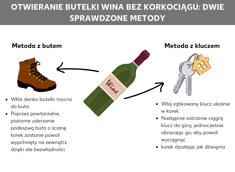 Infografika: Otwieranie butelki wina bez korkociągu: dwie sprawdzone metody; na środku grafiki znajduje się butelka wina, z której jedna strzałka wskazuje but, a druga klucz; Wyjaśnienie metody z użyciem buta: Przyłóż mocno dno butelki do buta, powtarzając uderzenia podeszwą buta o ścianę w poziomie, korek zostanie powoli wyciśnięty dzięki sile bezwładności; Wyjaśnienie metody z użyciem klucza: Wsuń ząbkowany klucz pod kątem w korek, a następnie ostrożnie pociągnij klucz do góry, jednocześnie obracając go jako dźwignię, aby powoli wyciągnąć korek.