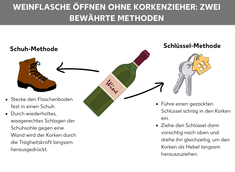 Infografik: Weinflasche öffnen ohne Korkenzieher: zwei bewährte Methoden; in der Mitte der Grafik ist eine Weinflasche von der aus ein Pfeil auf einen Schuh und einer auf einen Schlüssel zeigt; Die Schuh-Methode wird erklärt: Steck den Flaschenboden fest in einen Schuh, Durch wiederholtes, waagerechtes Schlagen der Schuhsohle gegen eine Wand wird der Korken durch die Trägheitskraft langsam herausgedrückt; Die Schlüsse-Methode wird erklärt: Führe einen gezackten Schlüssel schräg in den Korken ein, Ziehe den Schlüssel dann vorsichtig nach oben und drehe ihn gleichzeitig, um den Korken als Hebel langsam herauszuziehen.