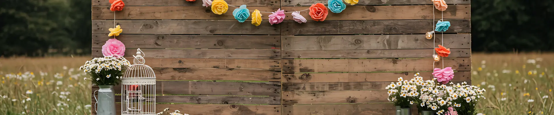 Schmuckbild: Eine DIY-Fotowand aus Holz mit Blumendeko, Bilderrahmen und Girlanden