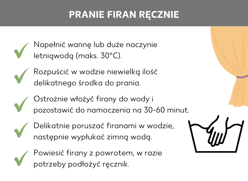 Infografika: Pranie firanek ręcznie. Symbol prania ręcznego i firanka, obok nich następujące punkty: Napełnij wannę lub duże naczynie letnią wodą (maksymalnie 30°C). Rozpuść w wodzie niewielką ilość łagodnego detergentu do prania delikatnych tkanin. Ostrożnie włóż firanki do wody i pozostaw je na 30 do 60 minut. Delikatnie poruszaj firankami w wodzie, a następnie wypłukaj je w zimnej wodzie. Ponownie zawieś firanki, w razie potrzeby podkładając pod nie ręcznik.