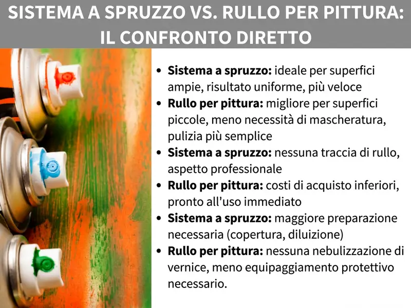 Infografica: sistema di verniciatura a spruzzo vs. rullo — confronto diretto. A sinistra una foto con diverse bombolette spray davanti a una superficie di legno verniciata in arancione, verde e rosso. A destra sei punti di confronto: sistema a spruzzo — ideale per superfici ampie, risultato uniforme, più veloce. Rullo — migliore per piccole superfici, meno bisogno di mascheratura, pulizia più semplice. Sistema a spruzzo — nessun segno del rullo, aspetto professionale. Rullo — costo di acquisto inferiore, pronto all'uso. Sistema a spruzzo — più preparazione necessaria (coprire, diluire). Rullo — nessuna nebulizzazione, meno dispositivi di protezione necessari.