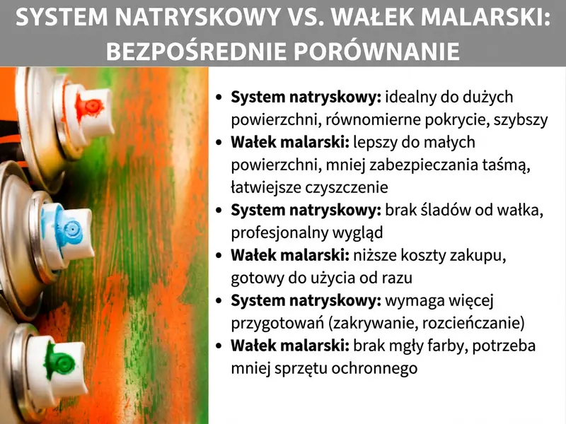 Infografika przedstawiająca porównanie systemu natryskowego i wałka malarskiego. Po lewej puszki z farbą, po prawej w punktach zestawiono zalety obu metod: system natryskowy jest szybszy i daje gładszy efekt na dużych powierzchniach, wałek jest tańszy, wymaga mniej przygotowań i sprawdza się na małych obszarach.