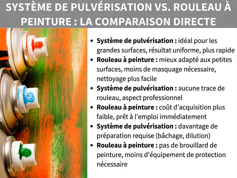 Infographie : pistolet à peinture vs rouleau – comparatif direct. À gauche, une photo de plusieurs bombes de peinture devant une surface en bois colorée en orange, vert et rouge. À droite, six points de comparaison : pistolet à peinture : idéal pour les grandes surfaces, résultat uniforme, plus rapide. Rouleau : mieux adapté aux petites surfaces, moins de masquage nécessaire, nettoyage plus simple. Pistolet à peinture : pas de traces de rouleau, rendu professionnel. Rouleau : coût d'achat réduit, prêt à l'emploi. Pistolet à peinture : plus de préparation nécessaire (protection, dilution). Rouleau : pas de brouillard de peinture, moins d'équipement de protection.