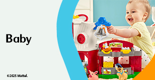 Werbung: Ein fröhliches Baby spielt mit einem bunten Spielzeug-Bauernhof und seinen Tieren. Text-Banner: Baby.