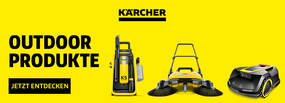Werbung: Kärcher Outdoor Produkte: Eine Auswahl an Geräten wie Hochdruckreiniger, Kehrmaschine und Pumpe. Jetzt entdecken.