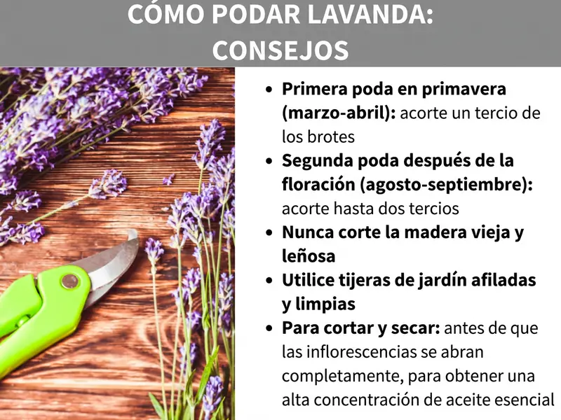 Infografía «Podar lavanda: consejos» con una foto de ramas de lavanda y unas tijeras de podar verdes sobre una superficie de madera. Al lado, cinco consejos: primera poda en primavera (marzo-abril), recortar un tercio de los brotes; segunda poda tras la floración (agosto-septiembre), recortar hasta dos tercios; nunca cortar la madera vieja y lignificada; usar tijeras de podar afiladas y limpias; cortar para secar antes de que las espigas florales se abran del todo, para obtener la mayor concentración de aceites esenciales.