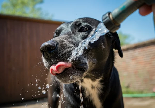 Schmuckbild: Hund trinkt Wasser aus einem Gartenschlauch.