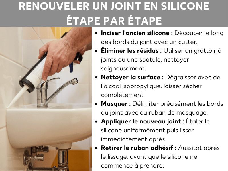 Infographie « Refaire un joint en silicone – étape par étape » : à gauche, une photo d'une main appliquant du silicone avec un pistolet à cartouche sur un lavabo. À droite, un guide pas à pas : 1. Entailler l'ancien silicone au cutter. 2. Retirer les résidus avec un grattoir à joints ou une spatule. 3. Dégraisser la surface à l'alcool isopropylique et laisser sécher. 4. Protéger les bords du joint avec du ruban de masquage. 5. Appliquer le nouveau silicone de manière régulière et lisser. 6. Retirer le ruban de masquage immédiatement après le lissage, avant que le silicone ne durcisse.