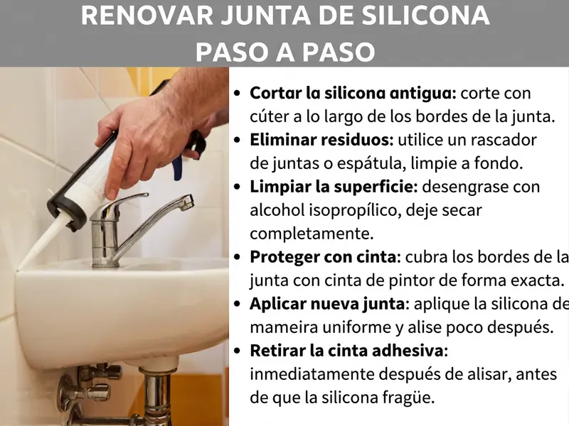 Infografía «Renovar junta de silicona — paso a paso»: a la izquierda, una foto de una mano que aplica una pistola de calafatear con silicona junto a un lavabo. A la derecha, una guía paso a paso: 1. Cortar la silicona antigua con el cúter. 2. Retirar los restos con un rascador de juntas o una espátula. 3. Desengrasar la superficie con alcohol isopropílico y dejar secar. 4. Proteger los bordes de la junta con cinta de carrocero. 5. Aplicar la nueva silicona de forma uniforme y alisar. 6. Retirar la cinta inmediatamente después de alisar, antes de que la silicona empiece a fraguar.