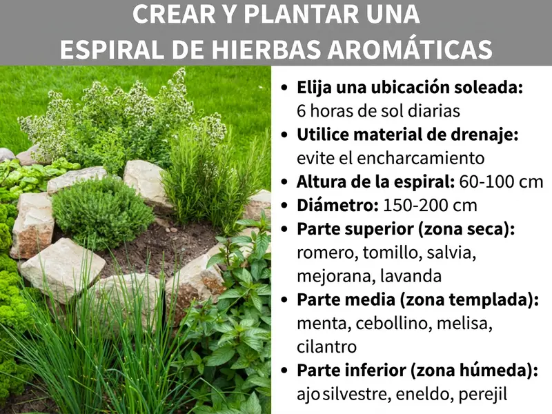 Infografía: guía para crear y plantar una espiral de hierbas. La imagen muestra a la izquierda una fotografía de una espiral delimitada con piedras naturales en la que crecen diversas hierbas verdes. A la derecha se enumeran los datos más importantes: una ubicación soleada con unas 6 horas de sol al día y el uso de material de drenaje para evitar el encharcamiento son esenciales. La espiral debe tener un diámetro de 150 a 200 cm y una altura de 60 a 100 cm. La plantación se divide en tres zonas: arriba, en la zona seca, crecen romero, tomillo, salvia, mejorana y lavanda. En el centro, en la zona templada, se encuentran menta, cebollino, melisa y cilantro. Abajo, en la zona húmeda, están el ajo silvestre, el eneldo y el perejil.