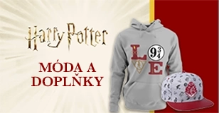 Reklama: Móda a doplňky Harry Potter. Na obrázku je šedá mikina a kšiltovka s motivy z Harryho Pottera.
