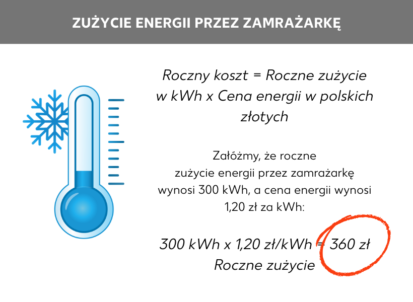 Infografika: Roczne koszty = roczne zużycie w kWh x cena energii elektrycznej w euro, Załóżmy, że roczne zużycie energii elektrycznej przez zamrażarkę wynosi 730 kWh, a cena energii elektrycznej wynosi 1,20 zł za kWh:, 730 kWh x 1,20 EUR = 876 zł zużycie roczne