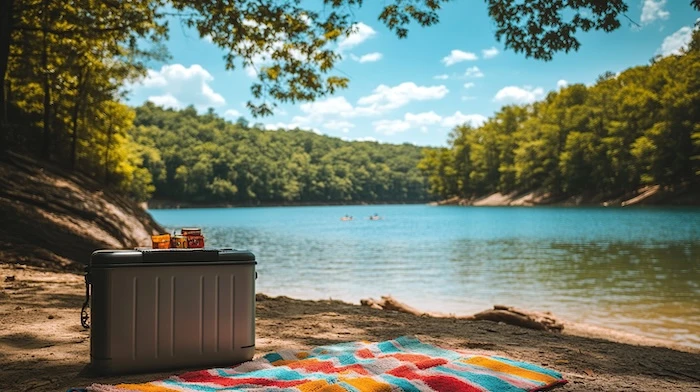 Schmuckbild: Kühlbox neben einer Decke, dahinter ein See, in dem Menschen schwimmen.