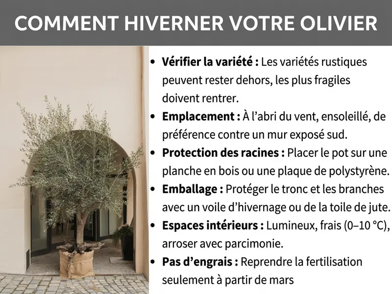 Infographie : Comment bien hiverner votre olivier. La liste comprend six points : 1. Vérifier la variété : les variétés robustes peuvent rester dehors, les plus sensibles doivent être rentrées. 2. Emplacement : abrité du vent, ensoleillé, mur sud de préférence. 3. Protection des racines : poser le pot sur une plaque de bois ou de polystyrène. 4. Emballage : protéger le tronc et les branches avec un voile ou de la jute. 5. En intérieur : lumineux, frais (0-10 °C), arrosage réduit. 6. Pas d'engrais en hiver : reprendre les apports à partir de mars.