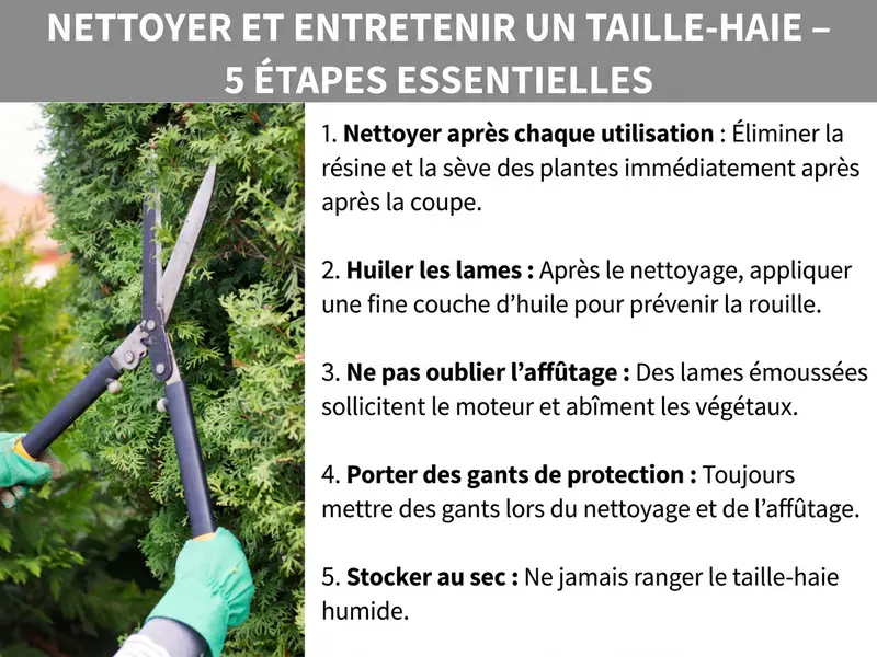 Infographie : entretien d'un taille-haie – 5 points essentiels. La liste comprend cinq points : 1. Nettoyer après chaque utilisation : éliminer la résine et la sève juste après la coupe. 2. Huiler les lames : après le nettoyage, appliquer une fine couche d’huile pour prévenir la rouille. 3. Ne pas oublier l’affûtage : des lames émoussées sollicitent le moteur et abîment les plantes. 4. Porter des gants de protection : toujours mettre des gants lors du nettoyage et de l’affûtage. 5. Stocker au sec : ne jamais ranger un taille-haie humide.