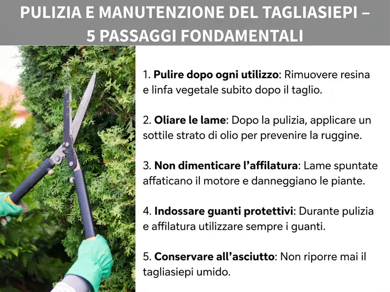 Infografica: pulizia e cura del tagliasiepi – 5 punti fondamentali. L'elenco comprende cinque punti: 1. Pulire dopo ogni utilizzo: rimuovere resina e linfa subito dopo il taglio. 2. Oliare le lame: dopo la pulizia, applicare un velo d'olio per prevenire la ruggine. 3. Non dimenticare l'affilatura: lame poco affilate affaticano il motore e danneggiano le piante. 4. Indossare guanti protettivi: durante la pulizia e l'affilatura, usare sempre i guanti. 5. Conservare in luogo asciutto: non riporre mai il tagliasiepi se è ancora umido.