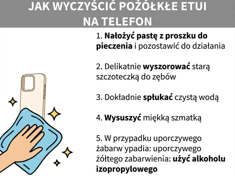 Infografika: jak wyczyścić żółtą obudowę na telefon. Lista obejmuje pięć kroków: 1. Nałóż pastę z proszku do pieczenia i pozostaw na kilka minut. 2. Delikatnie przetrzyj starą szczoteczką do zębów. 3. Dokładnie spłucz czystą wodą. 4. Wytrzyj miękką ściereczką do sucha. 5. Przy uporczywym żółtym nalocie: użyj izopropanolu. Po lewej stronie widoczna jest ilustracja dłoni czyszczącej żółtą obudowę niebieską ściereczką.