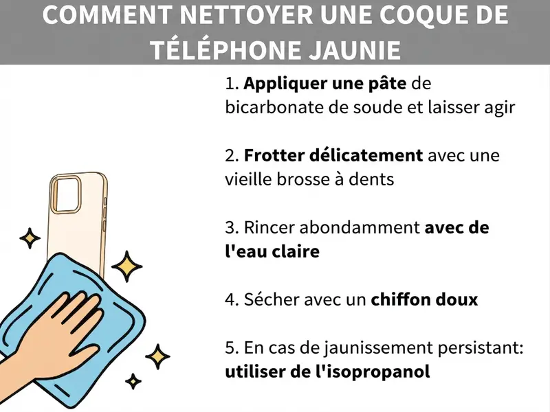 Infographie montrant comment nettoyer une coque de téléphone jaunie en cinq étapes : 1. Appliquer une pâte de bicarbonate de soude et laisser agir. 2. Frotter délicatement avec une vieille brosse à dents. 3. Rincer abondamment à l'eau claire. 4. Sécher avec un chiffon doux. 5. En cas de jaunissement tenace, utiliser de l'alcool isopropylique. Une main nettoie une coque avec un chiffon bleu.