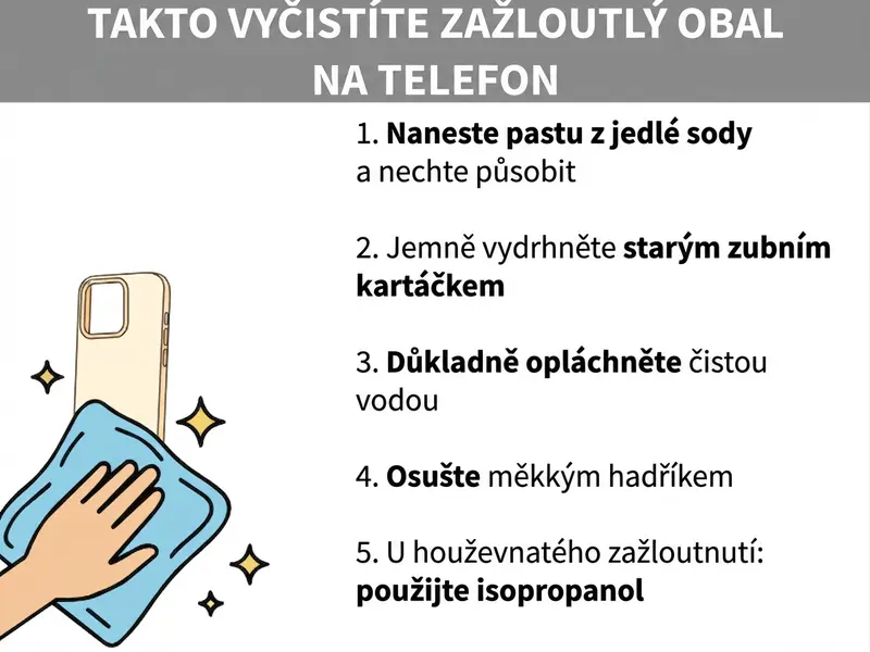 Infografika: Jak vyčistit zažloutlý obal na telefon. Seznam obsahuje pět kroků: 1. Naneste pastu z jedlé sody a nechte působit. 2. Jemně vydrhněte starým zubním kartáčkem. 3. Důkladně opláchněte čistou vodou. 4. Osušte měkkým hadříkem. 5. U odolného žlutého nádechu použijte isopropanol. Vlevo na obrázku je ilustrace ruky, která čistí zažloutlý obal modrým hadříkem.