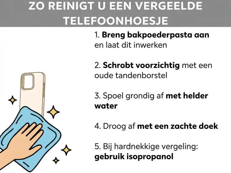 Infographic: Zo maak je een vergeeld telefoonhoesje schoon. De lijst bevat vijf stappen: 1. Bakpoederpasta aanbrengen en laten inwerken. 2. Zachtjes schrobben met een oude tandenborstel. 3. Grondig afspoelen met schoon water. 4. Droogwrijven met een zachte doek. 5. Bij hardnekkige geelverkleuring: isopropanol gebruiken. Links in beeld is een illustratie te zien van een hand die een vergeeld telefoonhoesje schoonmaakt met een blauw doekje.