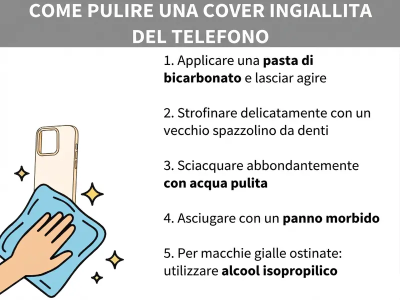Infografica: come pulire una cover ingiallita. La lista comprende cinque passaggi: 1. Applicare la pasta di bicarbonato e lasciarla agire. 2. Strofinare delicatamente con un vecchio spazzolino da denti. 3. Risciacquare bene con acqua corrente. 4. Asciugare con un panno morbido. 5. In caso di ingiallimento ostinato: utilizzare alcol isopropilico. A sinistra nell'immagine si vede l'illustrazione di una mano che pulisce una cover ingiallita con un panno blu.
